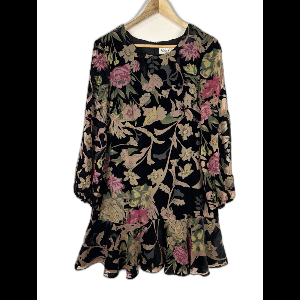 Eliza J Black Velvet Floral Chiffon A-Line Dress Ruffle Hem Size 10 Classic